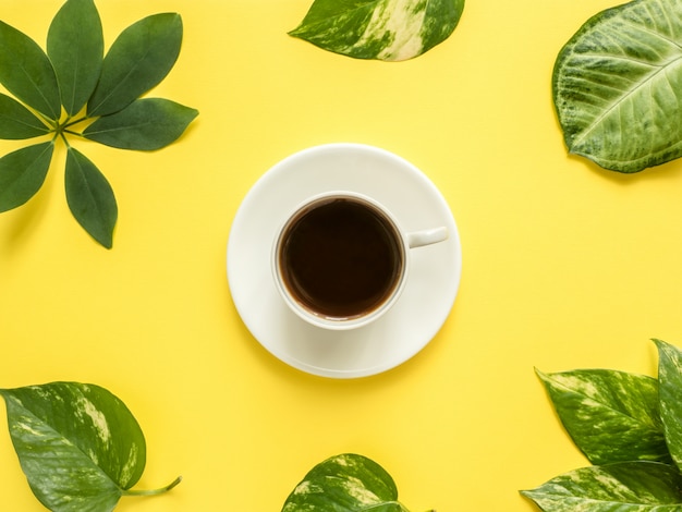 Taza de café en el centro en fondo amarillo con las hojas verdes.