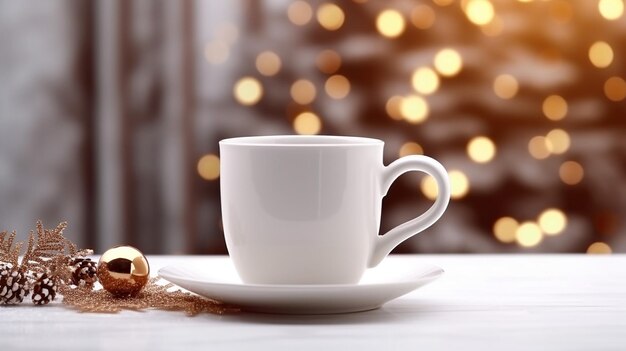 Taza de café de cerámica blanca en la mesa de madera en el fondo bokeh de decoración navideña