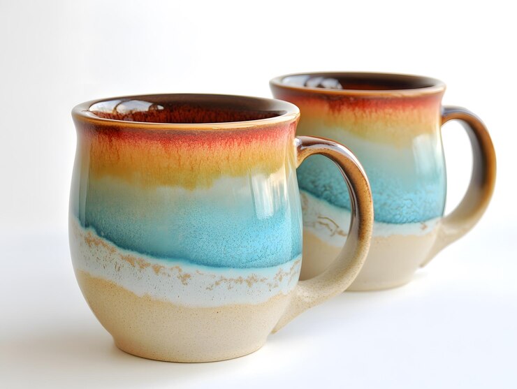 Una taza de café de cerámica en colores beige amarillo y azul generada por la IA