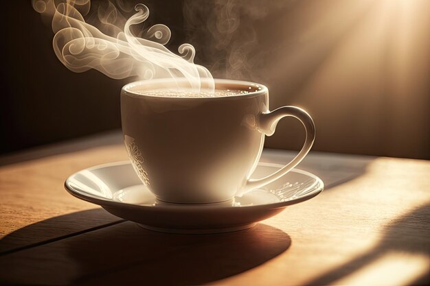 Taza de café de cerca a pleno sol en una mesa café de la mañana en una taza blanca con vapor