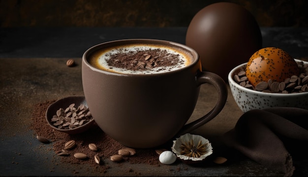 Una taza de café con chocolate y un bol de granos de café.