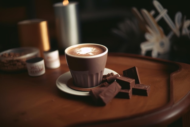 Una taza de café con chocolate en una mesa junto a un portavelas.