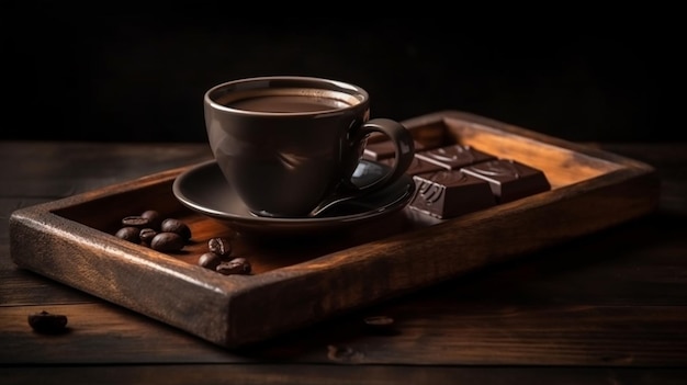 Taza de café y chocolate en la mesa de madera closeupgenerative ai