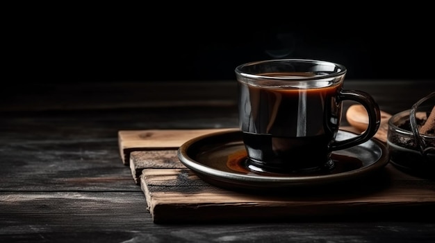 Taza de café y chocolate en la mesa de madera closeupgenerative ai