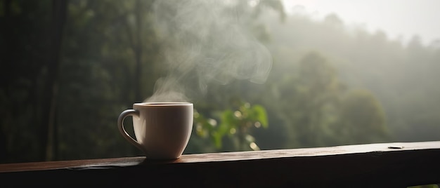 Una taza de café colocada sobre una mesa de madera con vista a la jungla IA generativa