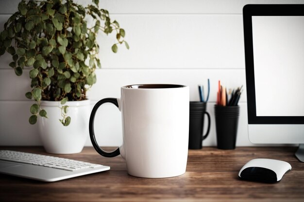 Taza de café de computadora de escritorio de pantalla en blanco de maqueta de espacio de trabajo elegante en madera blanca