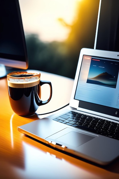 Taza de café y computadora portátil en el escritorio de la oficina Café de la mañana en el trabajo