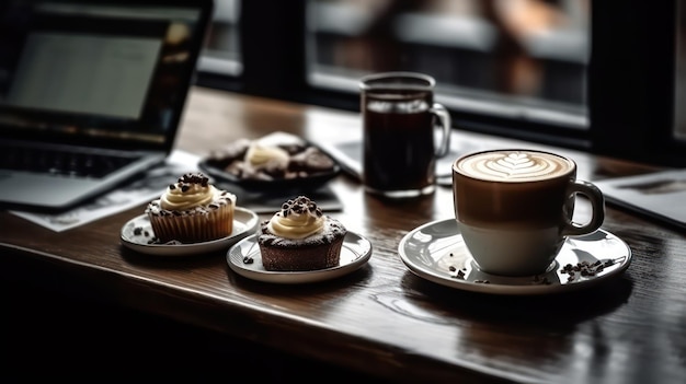 Una taza de café y una computadora portátil están sobre una mesa con una computadora portátil.