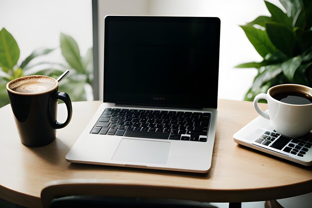 Una taza de café y una computadora portátil