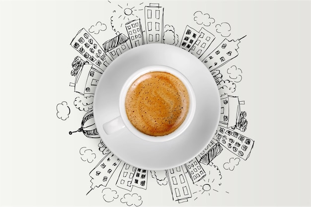 Foto taza de café y concepto de ciudad moderna