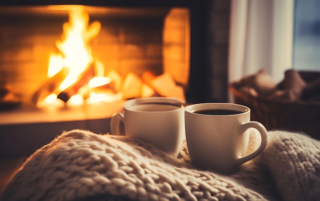 Una taza de café contra el telón de fondo de un fuego ardiente en la chimenea en un interior acogedor