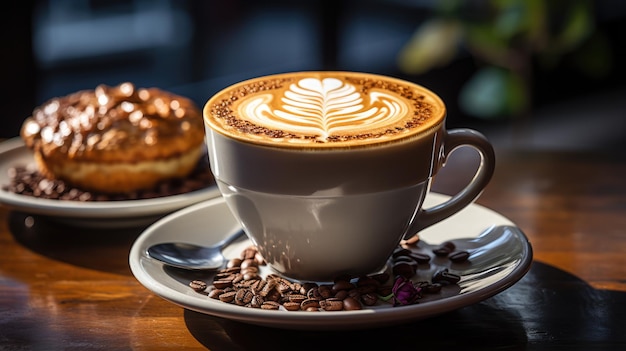 Taza de café con un corazón de arte latte y en una cafetería de la ciudad.