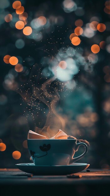 una taza de café con un corazón en ella y una cinta azul atada alrededor