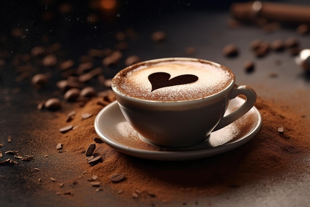 una taza de café con un corazón en la parte superior