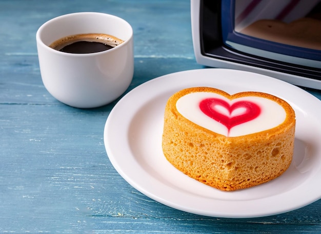 taza de café con un corazón en un plato con pastel