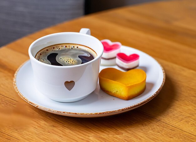 taza de café con un corazón en un plato con pastel