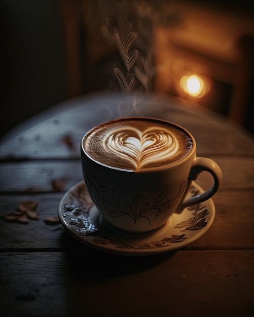 Una taza de café con un corazón en el vapor