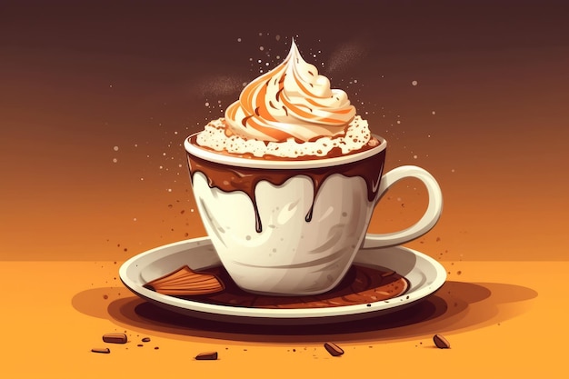 Taza de café con crema batida y canela en estilo de dibujos animados generado por IA