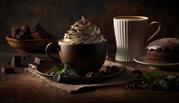 Una taza de café con crema batida y chispas de chocolate en una mesa