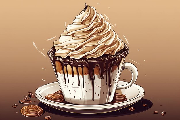 Taza de café con crema batida y chocolate en estilo de dibujos animados generado por IA