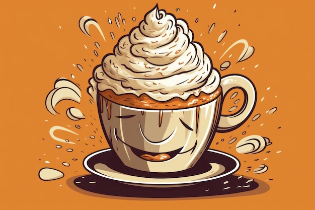 Taza de café con crema batida en estilo de dibujos animados generado por IA