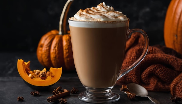 Una taza de café con crema batida y una rebanada de calabaza