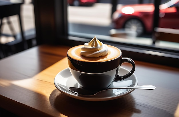 Una taza de café con crema en una mesa de madera en una cafetería