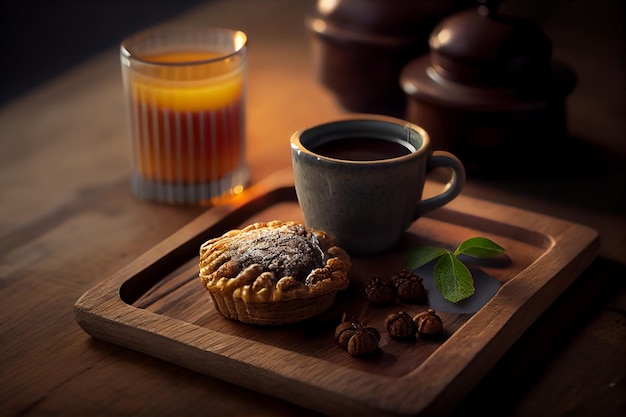 Taza de café y croissant en una bandeja de madera ai generativo