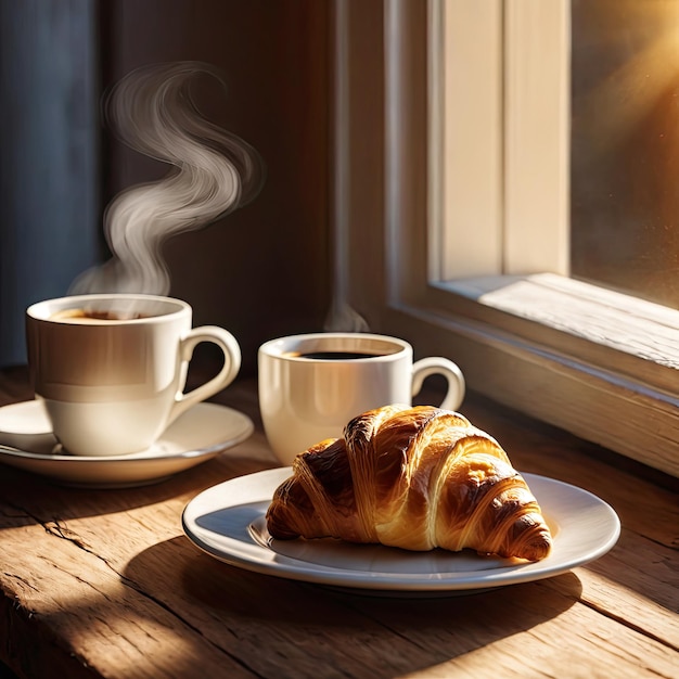 una taza de café y un croissant para el desayuno