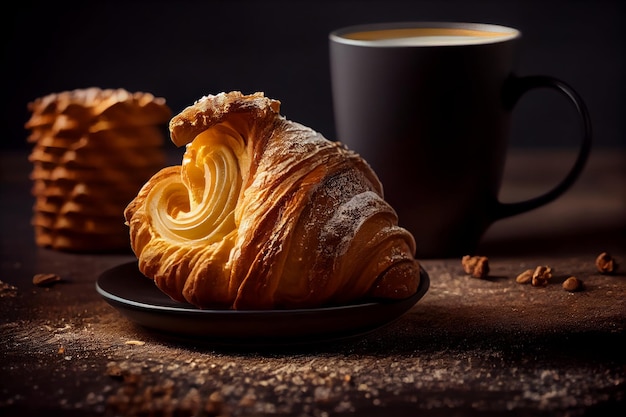 Taza de café y croissant sobre fondo de madera oscura IA generativa