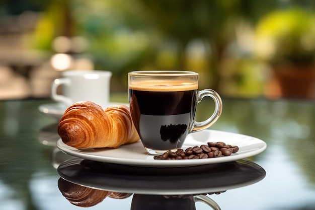 Una taza de café y un croissant sobre una mesa