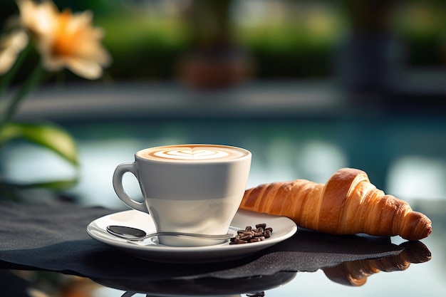 Una taza de café y un croissant sobre una mesa