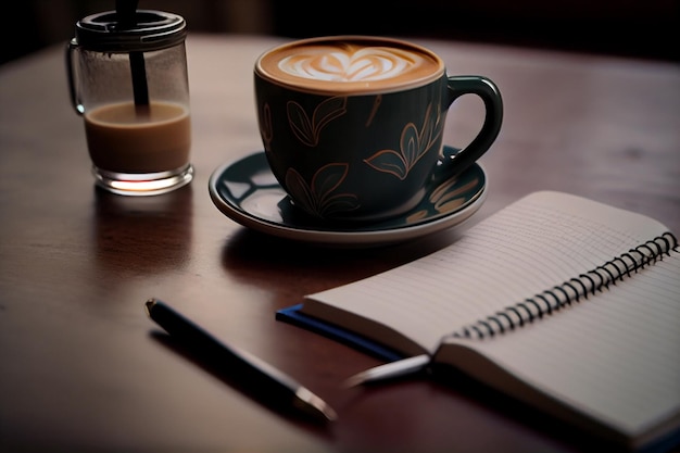 Taza de café con cuaderno y bolígrafo sobre mesa de madera en cafetería generativa ai