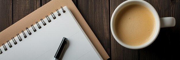 taza de café y cuaderno en la mesa para la marca de fotos minimalista