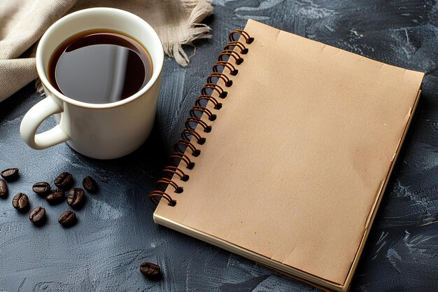 Una taza de café y un cuaderno en una mesa