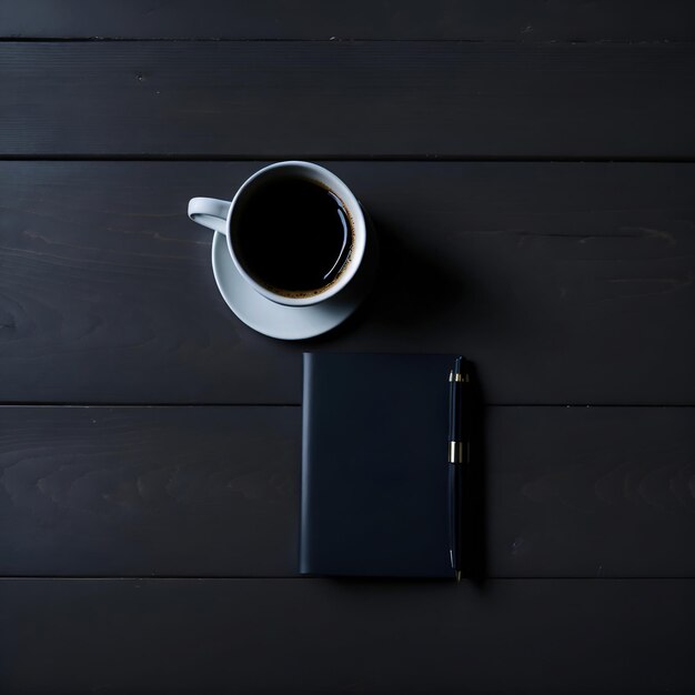 Una taza de café y un cuaderno sobre una mesa con un bolígrafo.