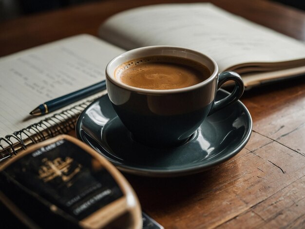 Foto una taza de café con un cuaderno a su lado.