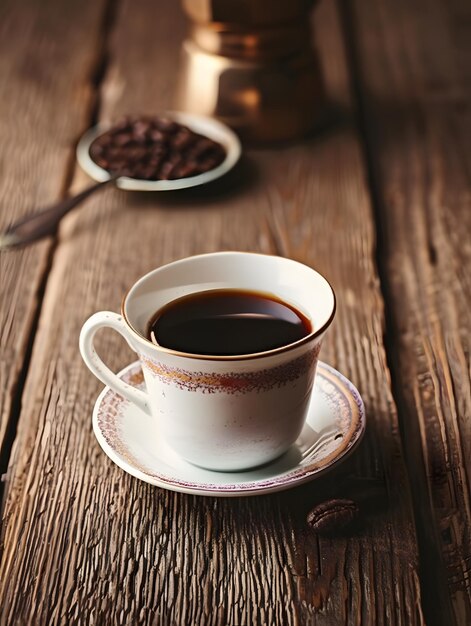 Foto una taza de café con una cuchara y una cuchara en una mesa