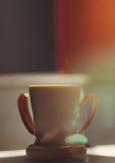 una taza de café con una cuchara en ella y granos de café en el lado