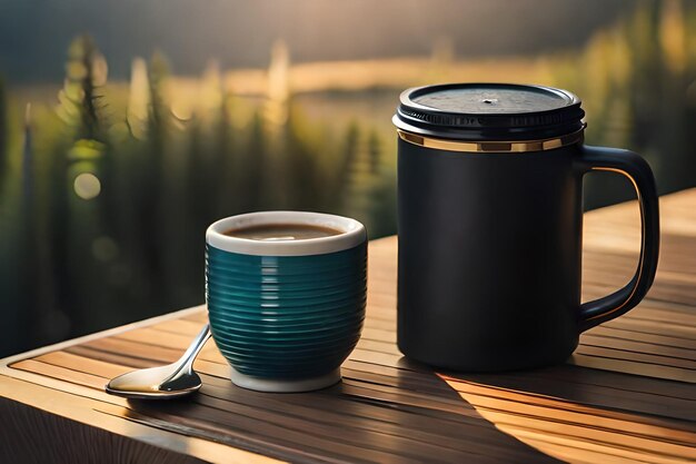 una taza de café y una cuchara en una mesa