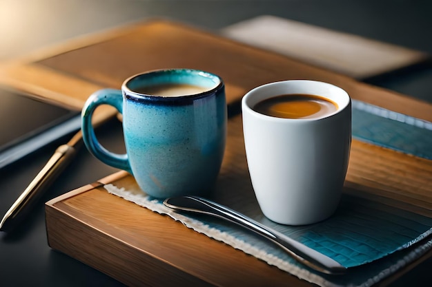 una taza de café y una cuchara en la mesa.