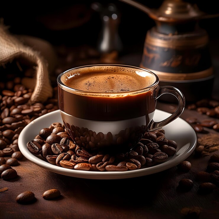 Taza de café con una cuchara en el plato