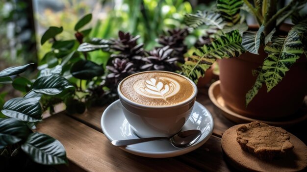 Una taza de café con una cuchara sobre una mesa de madera junto a una planta.