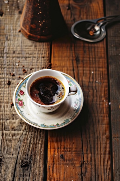 Foto una taza de café con una cuchara a su lado