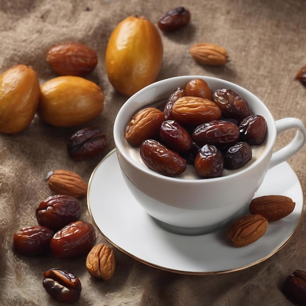 Taza de café con dátiles, frutas y nueces