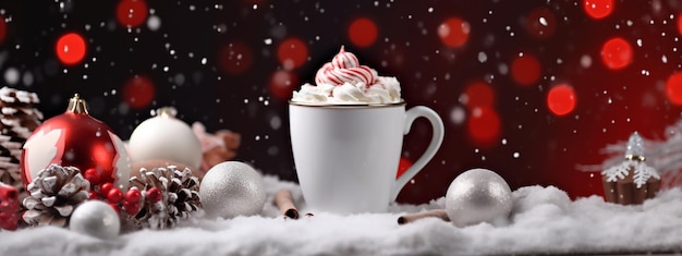 Una taza de café con una decoración de árbol de navidad roja y blanca