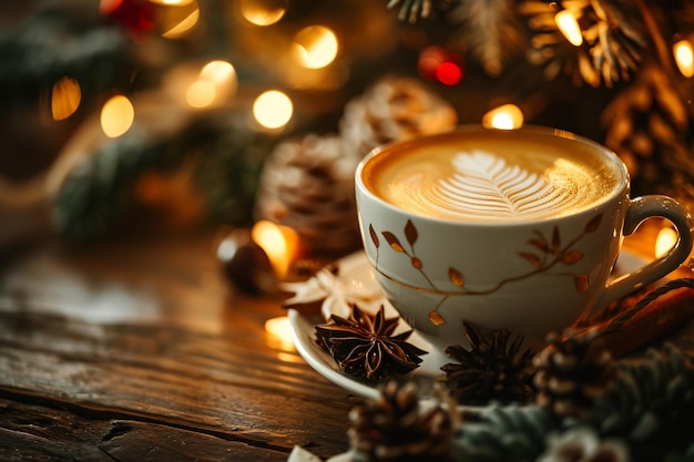 Una taza de café entre la decoración de Navidad