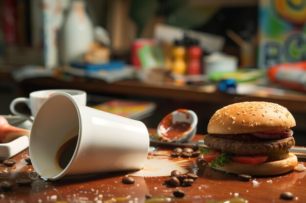 Foto una taza de café derribada cerca de una hamburguesa jugosa en un escritorio desordenado