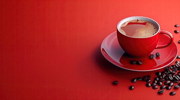 Una taza de café descansa sobre granos de café sobre un fondo rojo
