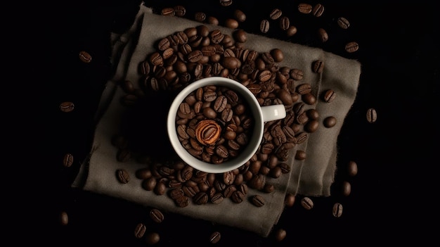 Una taza de café descansa sobre un montón de granos de café.